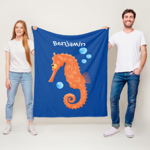Cute orange seahorse bubbles cartoon illustration fleece blanket