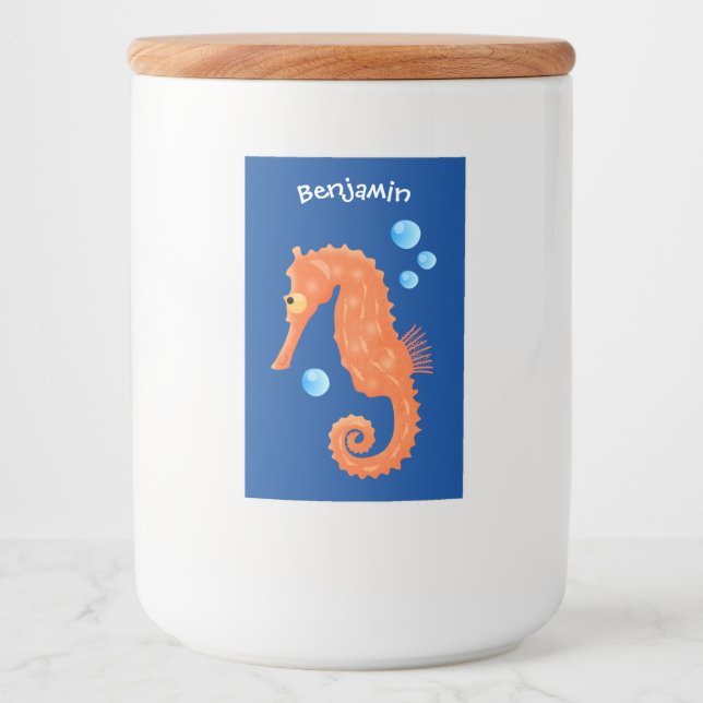 Cute orange seahorse bubbles cartoon illustration food label (Front)