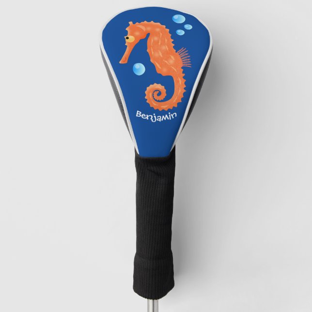 Cute orange seahorse bubbles cartoon illustration golf head cover (Front)