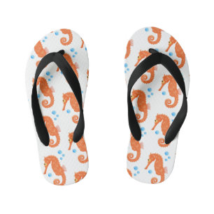 Cute orange seahorse bubbles cartoon illustration kid's jandals