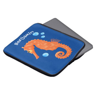 Cute orange seahorse bubbles cartoon illustration laptop sleeve