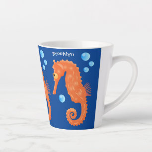 Cute orange seahorse bubbles cartoon illustration latte mug