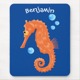Cute orange seahorse bubbles cartoon illustration mouse pad