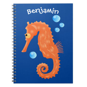 Cute orange seahorse bubbles cartoon illustration notebook