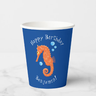 Cute orange seahorse bubbles cartoon illustration paper cups