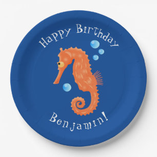 Cute orange seahorse bubbles cartoon illustration paper plate