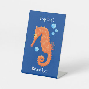 Cute orange seahorse bubbles cartoon illustration pedestal sign