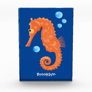 Cute orange seahorse bubbles cartoon illustration photo block