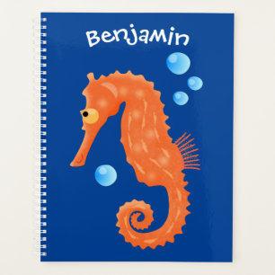 Cute orange seahorse bubbles cartoon illustration planner