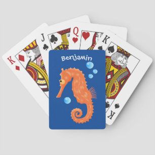 Cute orange seahorse bubbles cartoon illustration playing cards