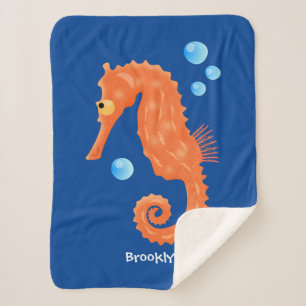 Cute orange seahorse bubbles cartoon illustration sherpa blanket