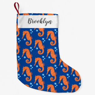 Cute orange seahorse bubbles cartoon illustration small christmas stocking