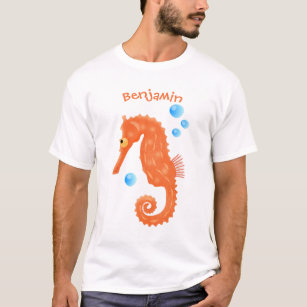 Cute orange seahorse bubbles cartoon illustration T-Shirt