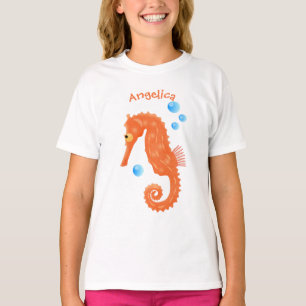 Cute orange seahorse bubbles cartoon illustration T-Shirt