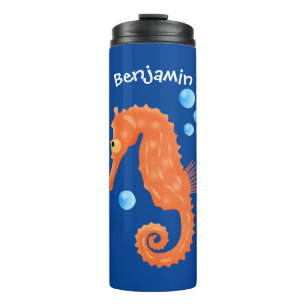 Cute orange seahorse bubbles cartoon illustration thermal tumbler