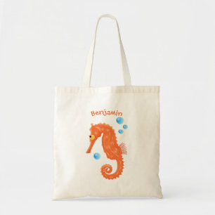 Cute orange seahorse bubbles cartoon illustration tote bag