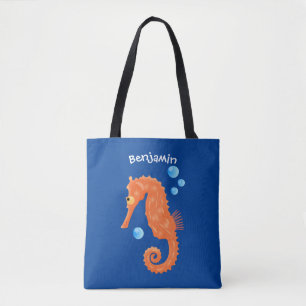 Cute orange seahorse bubbles cartoon illustration tote bag