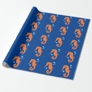 Cute orange seahorse bubbles cartoon illustration wrapping paper