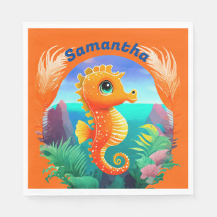 Cute Orange Seahorse Cartoon style Napkin