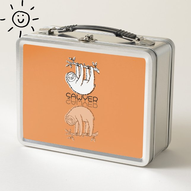 Cute Orange Sloth Reflection Doodle Custom Name Metal Lunch Box (Creator Uploaded)