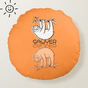 Cute Orange Sloth Reflection Doodle Custom Name Round Cushion