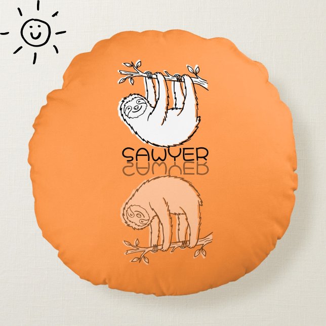 Cute Orange Sloth Reflection Doodle Custom Name Round Cushion (Creator Uploaded)