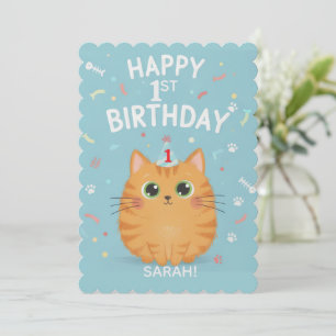 Cute Orange Tabby Cat 1st Birthday   Customisable  Invitation
