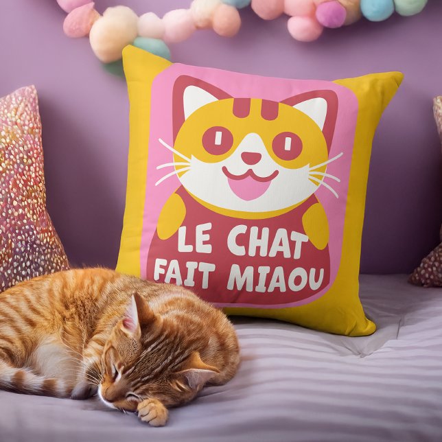 Cute Orange Tabby Cat Cartoon Says Meow in French Cushion (Creator Uploaded)