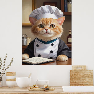 Cute Orange Tabby Cat Chef Cooking Illustration  Poster