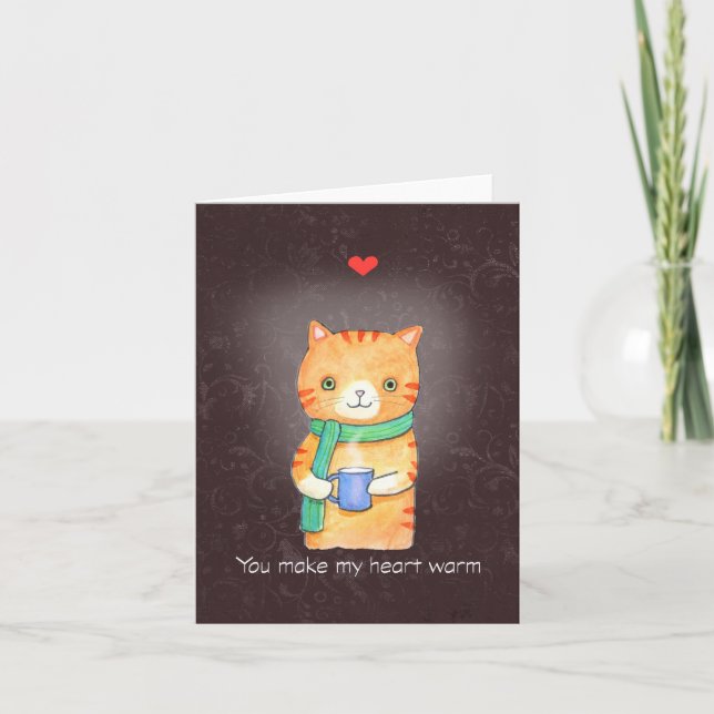 Cute Orange Tabby Cat Coffee Tea Lover Valentine Card (Front)
