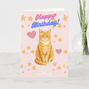 Cute Orange Tabby Cat Happy Birthday Card - Retro