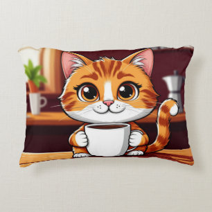 Cute Orange Tabby Cat Illustration with cup Decorative Cushion