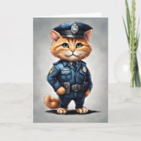 Cute Orange Tabby Cat in Police Uniform Watercolor
