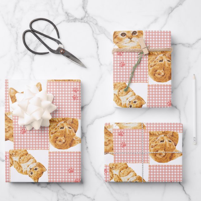 cute orange tabby cat plaid patchwork pink pattern wrapping paper sheet (Front)