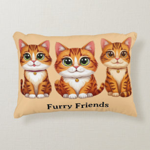 Cute Orange Tabby Cat Trio Illustration Big Eyes Decorative Cushion