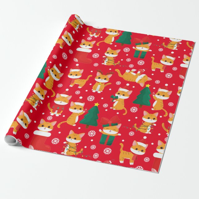 Cute Orange Tabby Christmas Wrapping Paper (Unrolled)