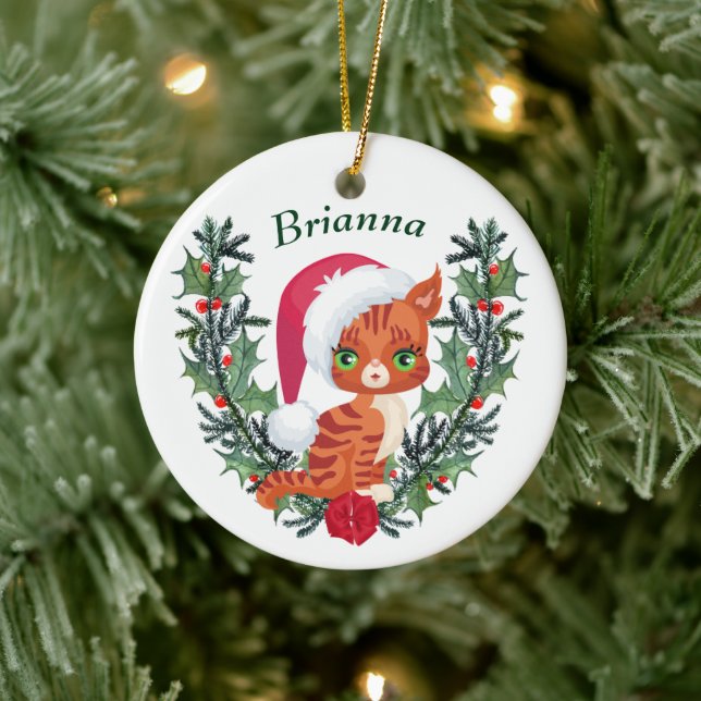 Cute Orange Tabby Kitten Christmas Wreath Ceramic Tree Decoration (Tree)