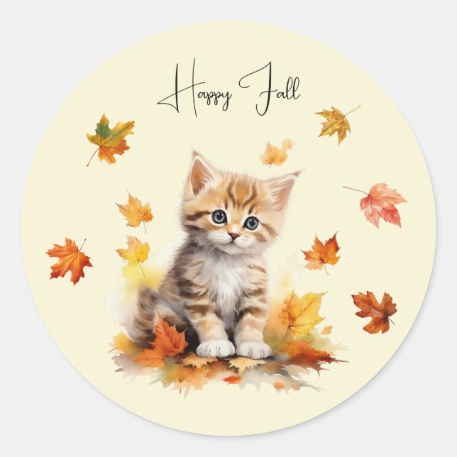 Cute Orange Tabby Kitten in Fall Leaves Classic Round Sticker (Front)