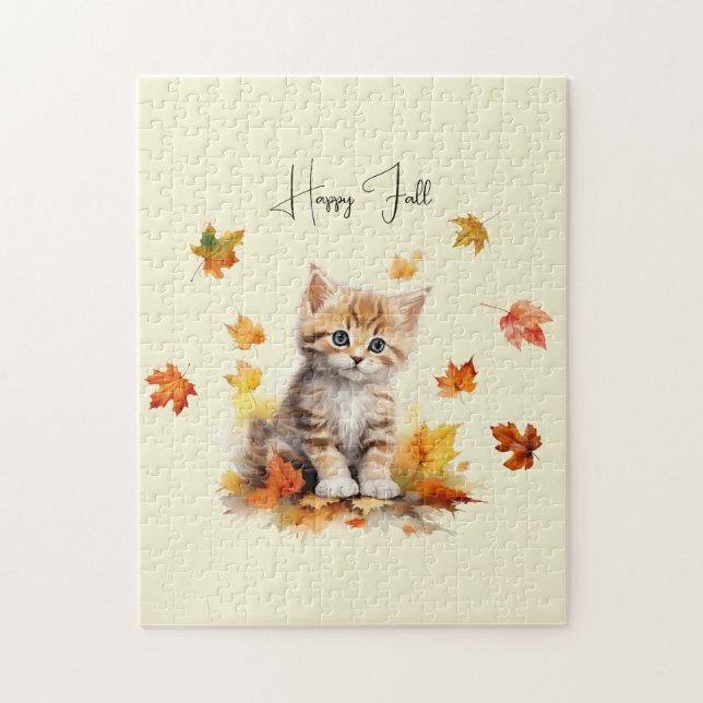 Cute Orange Tabby Kitten in Fall Leaves Jigsaw Puzzle (Vertical)