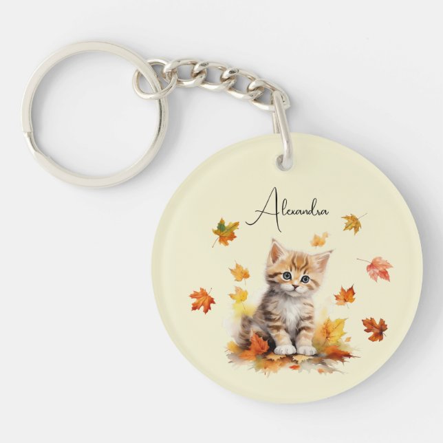 Cute Orange Tabby Kitten in Fall Leaves Key Ring (Front)