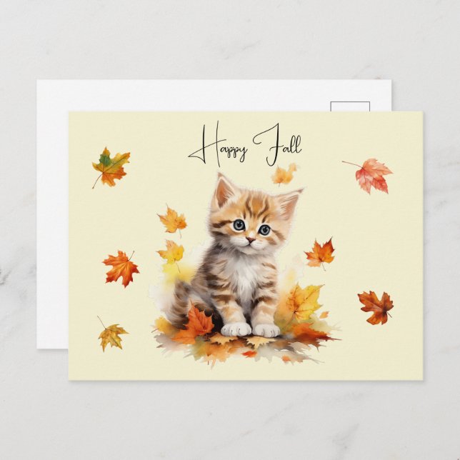 Cute Orange Tabby Kitten in Fall Leaves Postcard (Front/Back)