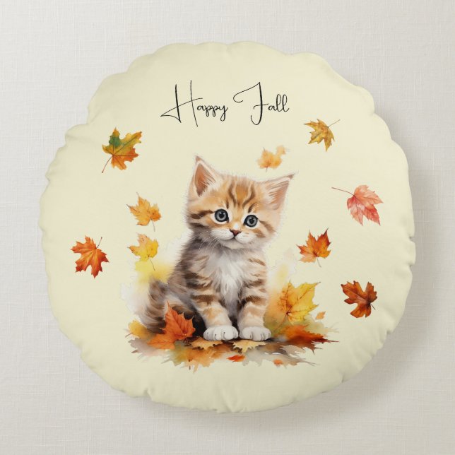 Cute Orange Tabby Kitten in Fall Leaves Round Cushion (Front)