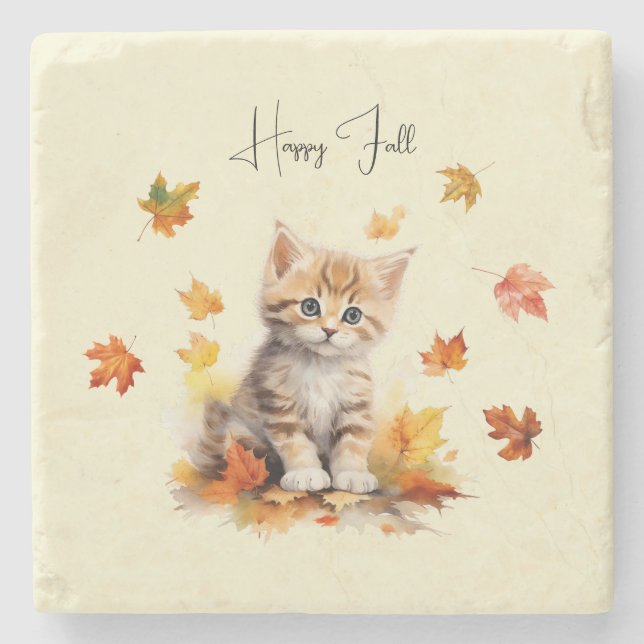 Cute Orange Tabby Kitten in Fall Leaves Stone Coaster (Front)