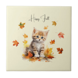 Cute Orange Tabby Kitten in Fall Leaves Tile