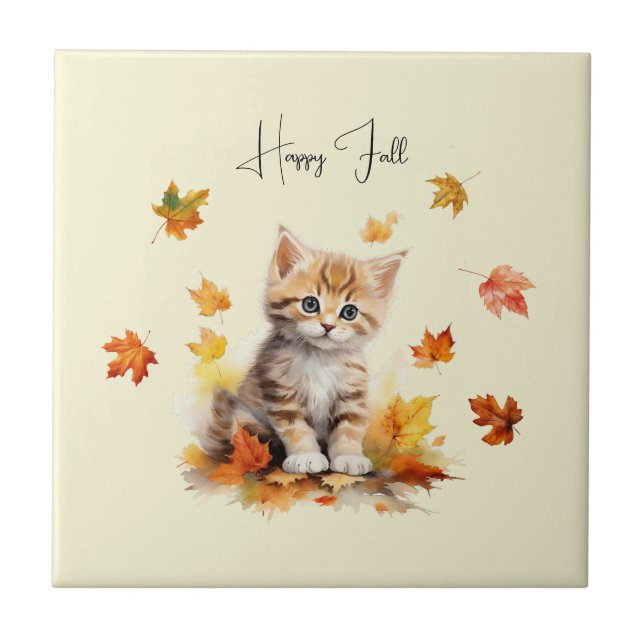 Cute Orange Tabby Kitten in Fall Leaves Tile (Front)
