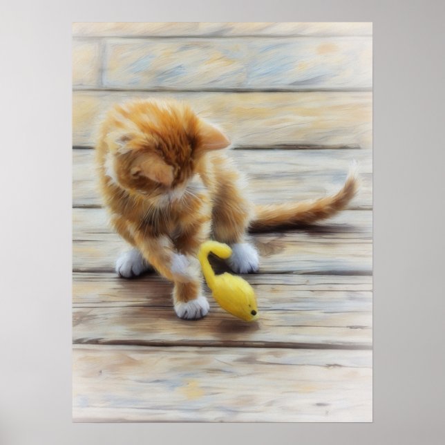 Cute Orange Tabby Kitten Mouse Play Art Poster (Front)