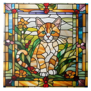 Cute Orange Tabby Stained Glass Decorative Tile