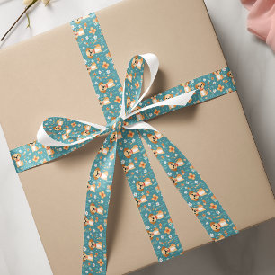Cute Orange teal Puppy Flowers Satin Ribbon