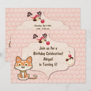 Cute Orange Tiger Kitty Cat and Flowers Birthday Invitation