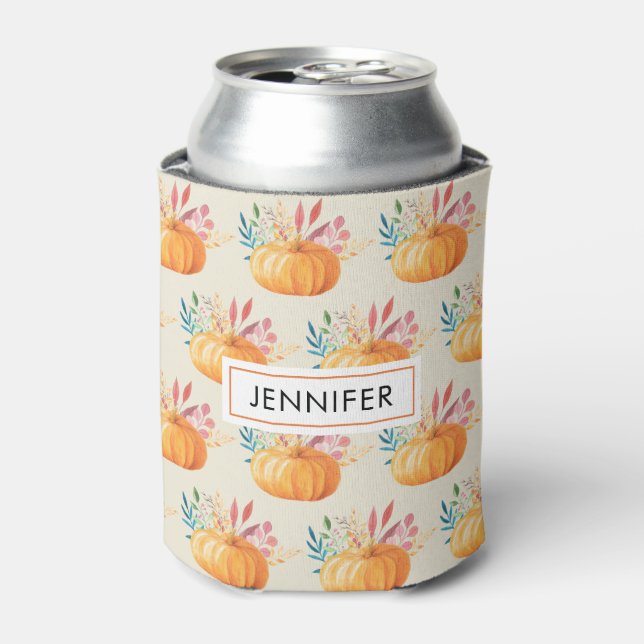 Cute Orange Watercolor Pumpkin Pattern Can Cooler (Can Front)